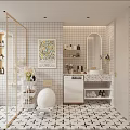 Modern Bathroom Interior Featuring White Tiled Walls Arched Mirror Lemon Art And Patterned Countertop