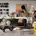 Contemporary Living Room Interior Featuring Black Sofa Coffee Table Red Rocking Chair And Wall Painting