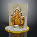 Ornate Door Structure With Intricate Golden Carvings White Frame Yellow Base And White Tiles