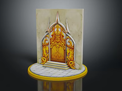 Ornate Door Structure With Intricate Golden Carvings White Frame Yellow Base And White Tiles 3d model