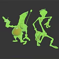 Green And Yellow Animated Characters In Orange Outfits Holding Weapons Standing Together