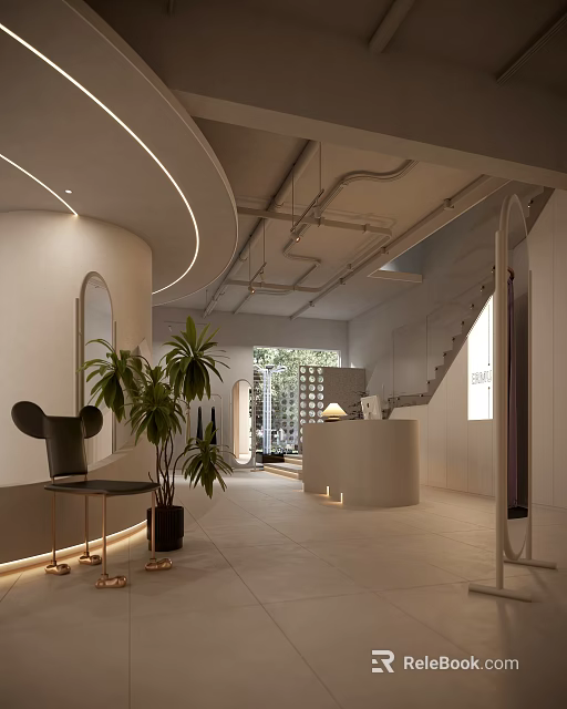 Elegant Modern Reception Area With White Curved Walls Circular Desk And Green Plants 3d model 