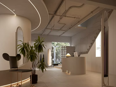Elegant Modern Reception Area With White Curved Walls Circular Desk And Green Plants 3d model