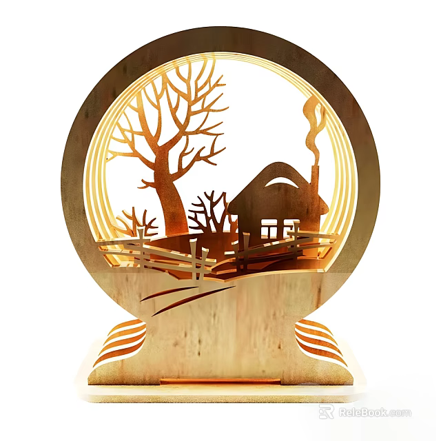Wooden Sculpture Carving Circular Design Featuring Tree Cabin Fence And Illuminated Base 3d model 