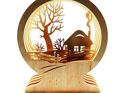 Wooden Sculpture Carving Circular Design Featuring Tree Cabin Fence And Illuminated Base 3d model