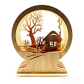 Wooden Sculpture Carving Circular Design Featuring Tree Cabin Fence And Illuminated Base