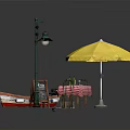 Outdoor Dining Space With Yellow Umbrella Street Lamp Small Boat And Checkered Tablecloth