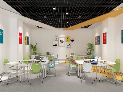 Modern School Classroom With Black Grid Ceiling Colorful Posters Green Plants And Laptop Desks 3d model