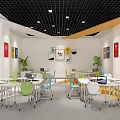 Modern School Classroom With Black Grid Ceiling Colorful Posters Green Plants And Laptop Desks
