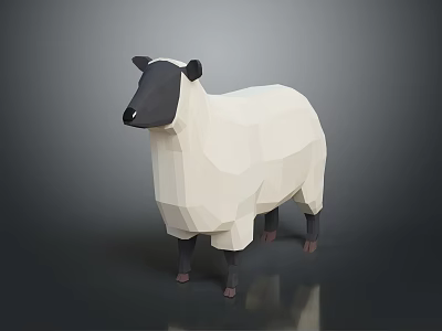 Low Poly Sheep Model With White Body Black Head Standing On Gray Background And Reflection 3d model