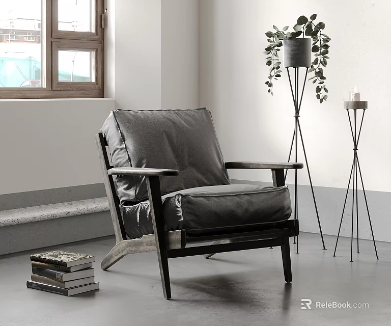Cozy Single Sofa in Modern Room with Gray Upholstery Wooden Frame Green Plant and Books 3d model 