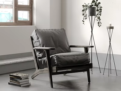 Cozy Single Sofa in Modern Room with Gray Upholstery Wooden Frame Green Plant and Books 3d model