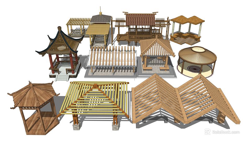 Traditional Chinese Wooden Garden Pavilions And Gazebos With Various Roof Designs 3d model 
