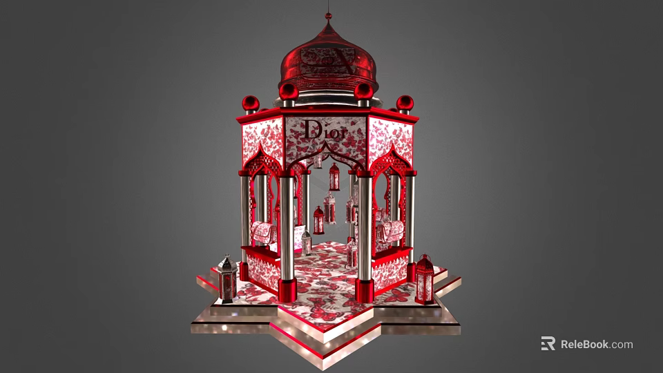 Red Decorative Pavilion Structure With Dome Intricate Patterns And Bros Signage 3d model 