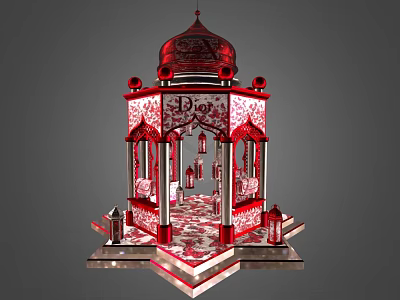 Red Decorative Pavilion Structure With Dome Intricate Patterns And Bros Signage 3d model