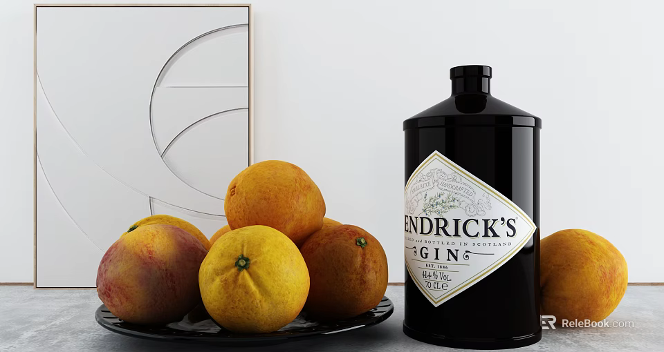 Fresh Ripe Peaches and Oranges on Black Plate Beside Hendricks Gin Bottle 3d model 
