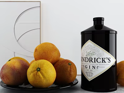 Fresh Ripe Peaches and Oranges on Black Plate Beside Hendricks Gin Bottle 3d model