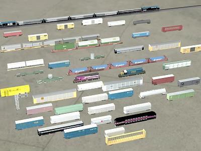 Various Colored Train Models Different Types Including Freight And Passenger Cars Scattered On Ground 3d model
