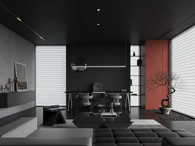 Modern Study Room With Black Grey Red Walls Sofa Desk Chair Blinds And Pendant Light 3d model