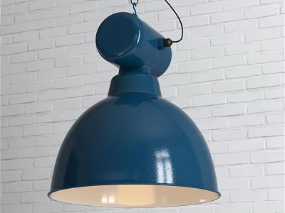 Modern Blue Dome Shaped Pendant Light Hanging Against White Brick Wall 3d model