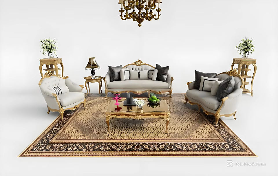 Elegant Luxury Sofa and Coffee Table Set with Gold Frame Ornate Rug and Chandelier 3d model 