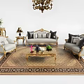 Elegant Luxury Sofa and Coffee Table Set with Gold Frame Ornate Rug and Chandelier