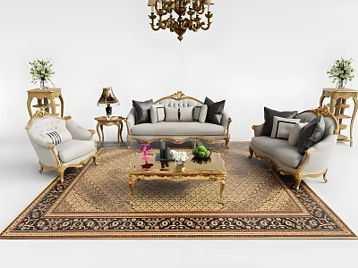 Elegant Luxury Sofa and Coffee Table Set with Gold Frame Ornate Rug and Chandelier 3d model