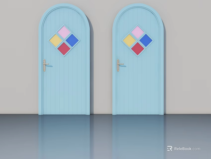 Light Blue Hinged Doors With Colorful Diamond Shaped Glass And Golden Handles 3d model 
