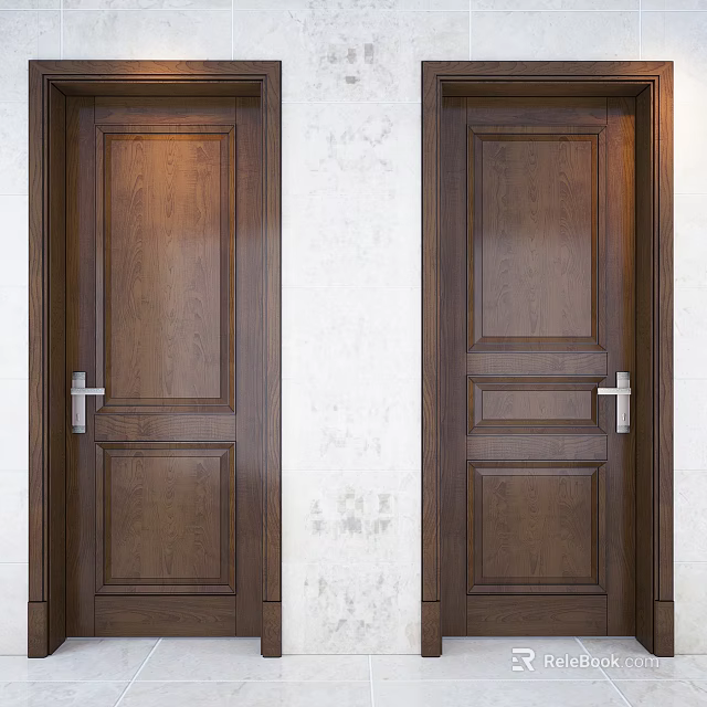 Dark Brown Wooden Hinged Doors With Wood Grain And Metal Handles Against Light Colored Wall 3d model 