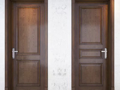 Dark Brown Wooden Hinged Doors With Wood Grain And Metal Handles Against Light Colored Wall 3d model