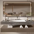 Sleek Modern Bathroom Cabinet With Lighted Mirror Sink Gray Countertop And Towels