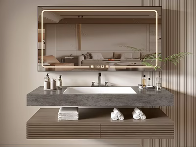 Sleek Modern Bathroom Cabinet With Lighted Mirror Sink Gray Countertop And Towels 3d model