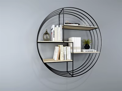 Modern Circular Wall Cabinet with Black Metal Frame and Wooden Shelves for Books and Decor 3d model