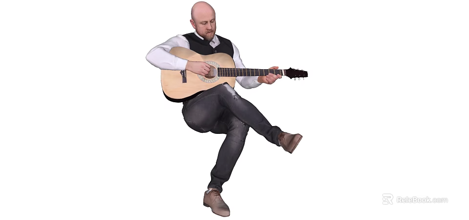 Man In White Shirt And Black Vest Sitting With Crossed Legs Playing Acoustic Guitar 3d model 