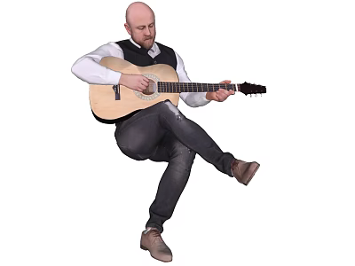 Man In White Shirt And Black Vest Sitting With Crossed Legs Playing Acoustic Guitar 3d model
