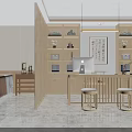 Modern Study Room Interior With Wooden Bookshelves Writing Desk Apple Computer And Calligraphy Artwork