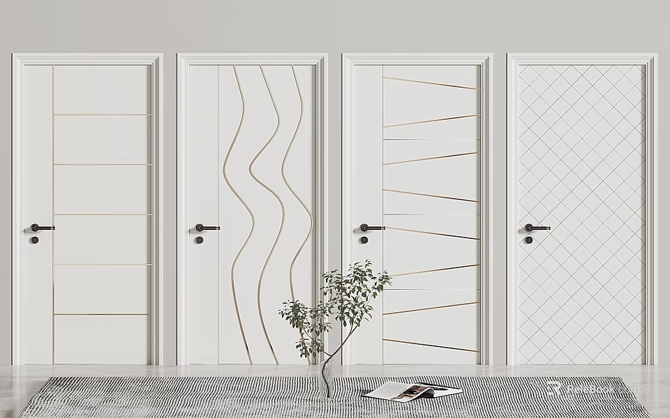 Stylish White Hinged Doors With Various Patterned Panels And Gold Accents 3d model
