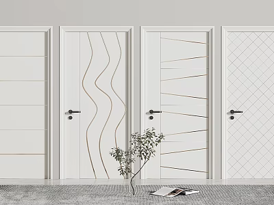Stylish White Hinged Doors With Various Patterned Panels And Gold Accents 3d model