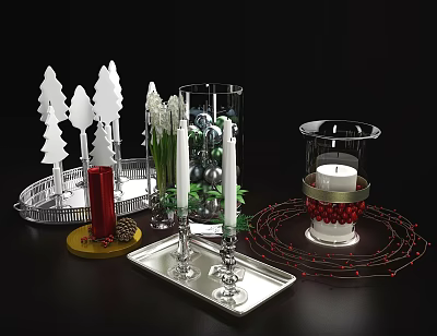 Elegant Candle Lantern With Red Berries And White Tree Decorations On Silver Tray 3d model