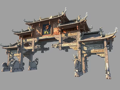 Ancient Chinese Archway with Elaborate Carvings Stone Lions and Multi Layered Roofs 3d model