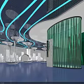 Modern Interior Design Featuring Curved Structures Blue Lighting Green Curtain Decor And Smooth Floor