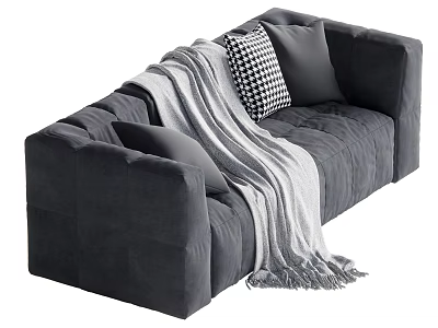 Gray Sectional Sofa With Cozy Blanket And Checkered Solid Pillows 3d model