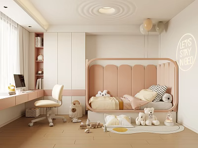 Cozy Kids Room Interior With Pink Bed Stuffed Toys Desk And Balloons 3d model