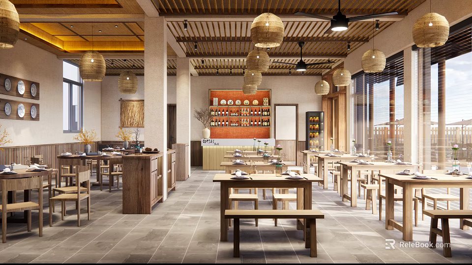 Traditional Restaurant Interior With Wooden Tables Hanging Lanterns And Bar Counter 3d model 