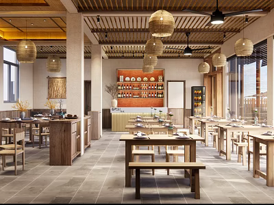 Traditional Restaurant Interior With Wooden Tables Hanging Lanterns And Bar Counter 3d model