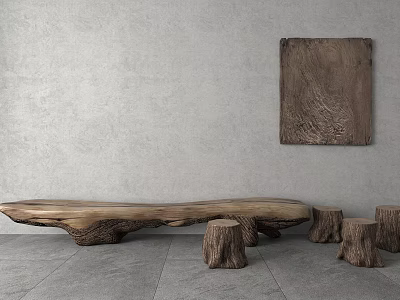 Natural Wooden Stump Stools With Long Log Table Against Gray Wall And Decor Panel 3d model