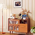 Elegant Wooden Entryway Side Cabinet with Glass Doors Drawers Coffee Machine Gramophone and Green Plant
