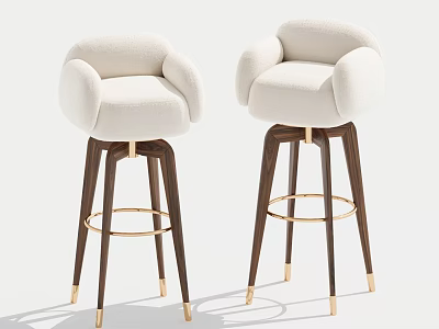 Modern White Upholstered Bar Stools With Armrests Dark Brown Wooden Legs And Gold Metal Accents 3d model
