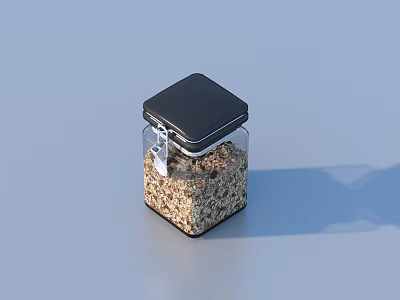 Transparent Glass Jar With Black Square Lid And Metal Clasp Filled With Grains 3d model