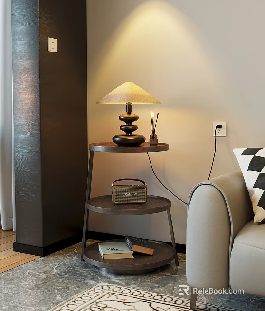 Modern Two Tier Metal Side Table With Table Lamp Woven Basket And Sofa In Cozy Room 3d model 